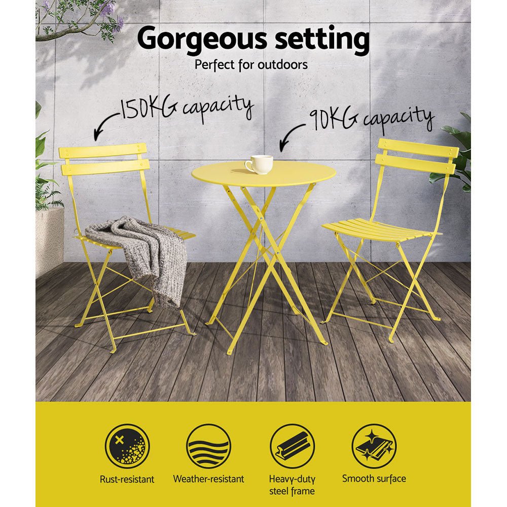 Gradeon 3PC Outdoor Bistro Set Steel Table and Chairs Patio Furniture Yellow - Furniture > Outdoor - Bedzy Australia