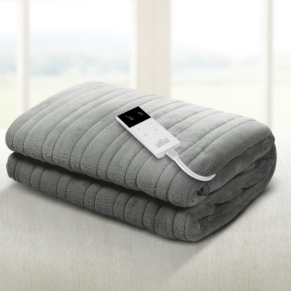 Heated Electric Throw Rug Fleece Sunggle Blanket Washable Silver - Bedzy Australia