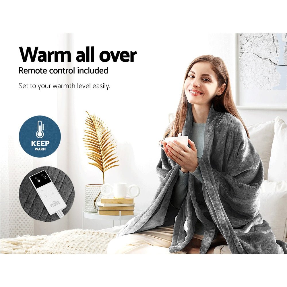 Heated Electric Throw Rug Fleece Sunggle Blanket Washable Silver - Bedzy Australia