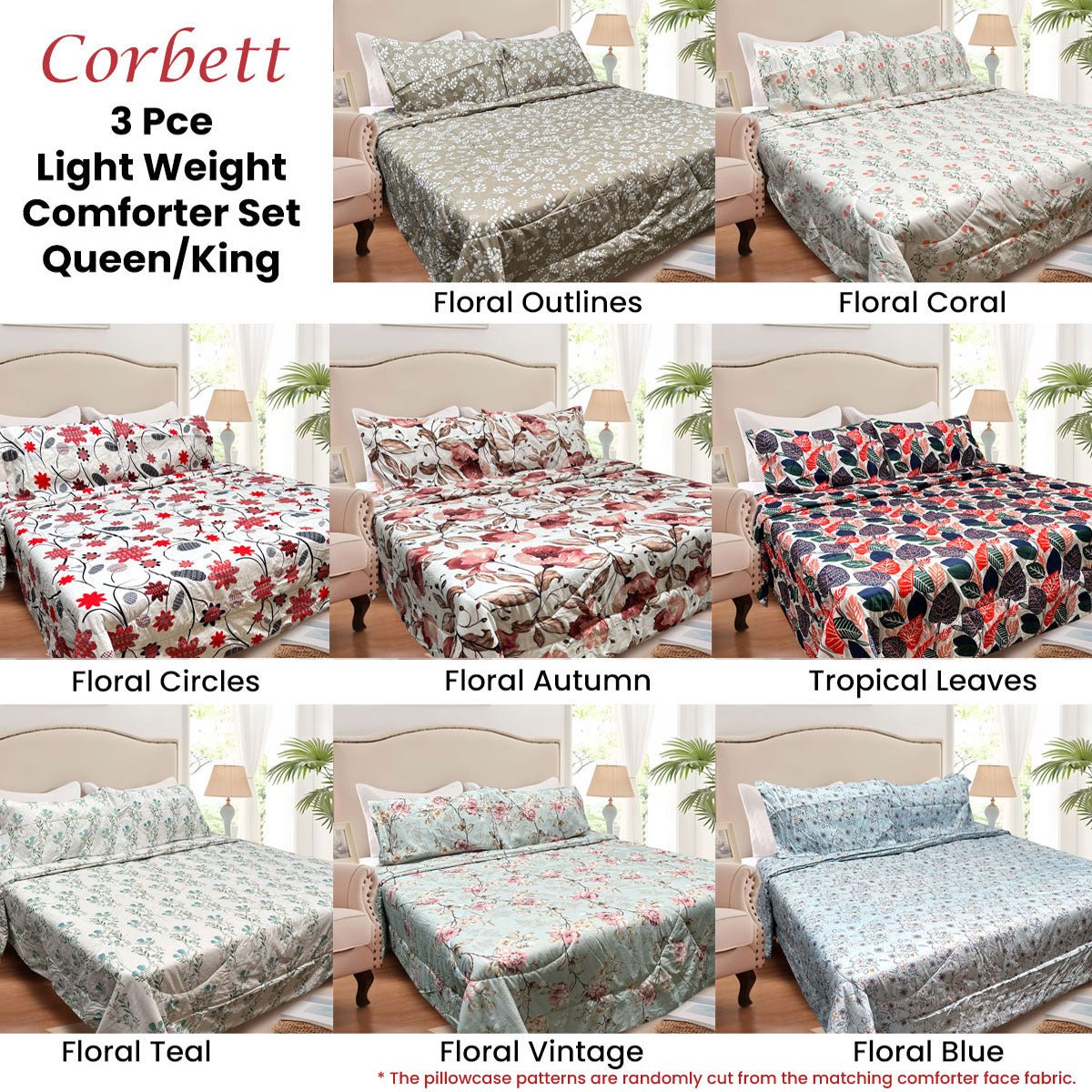 Hotel Living 3 Pce Light Weight Comforter Set Queen/King Corbett Tropical Leaves - Home & Garden > Bedding - Bedzy Australia