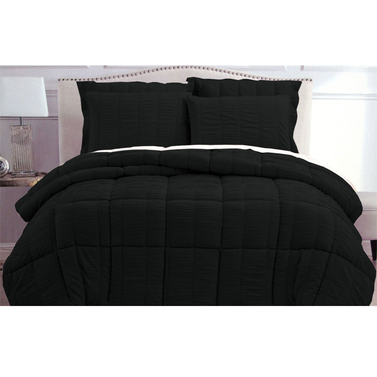 Hotel Living Seersucker Comforter Set Queen Black - Home & Garden > Bedding - Bedzy Australia