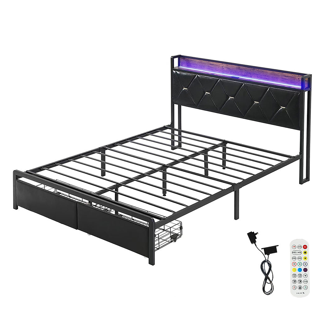 Levede Queen Metal Bed Frame LED Lights 2 Drawers-1954802444034772992