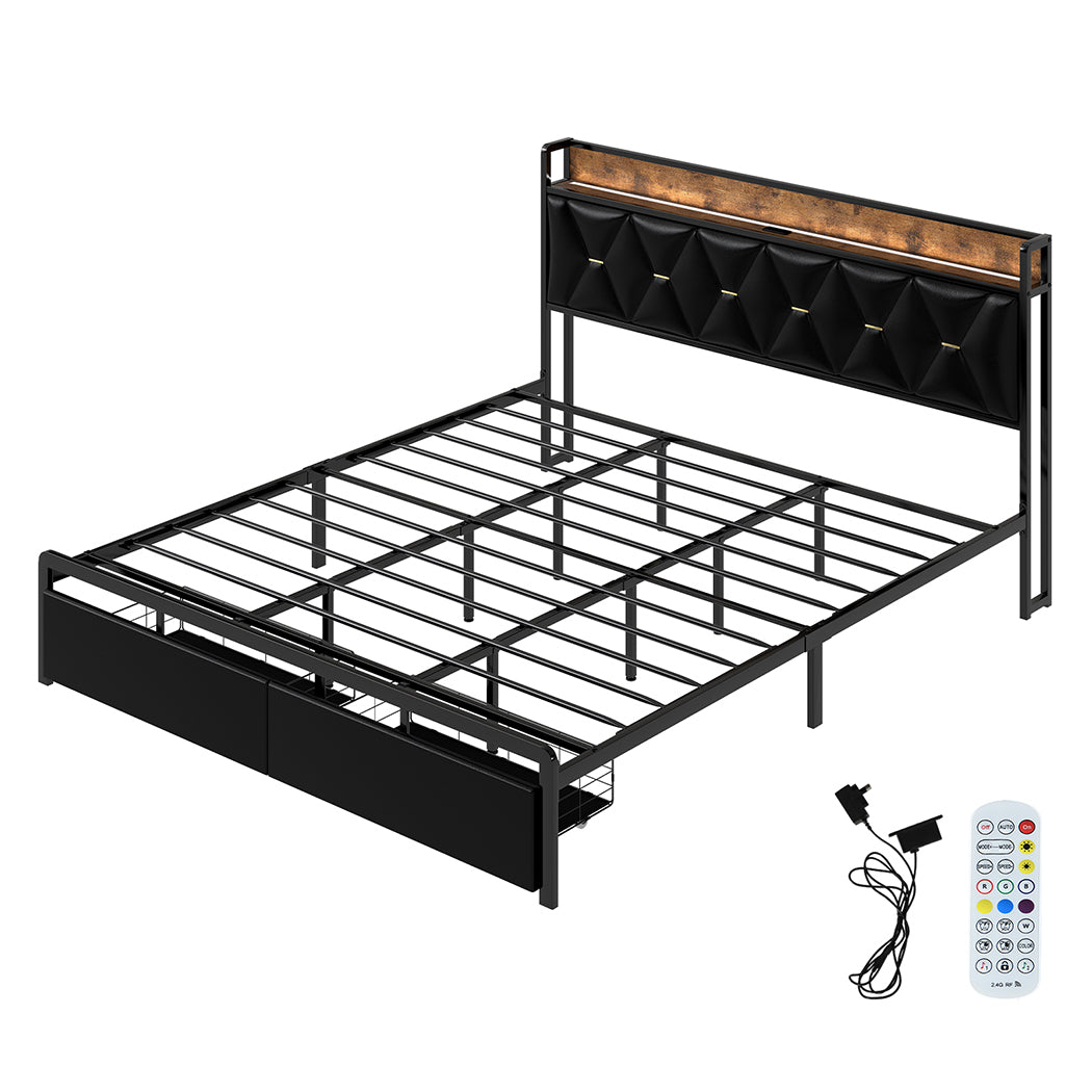 Levede King Bed Frame Leather Headboard RGB 2 Drawers-1996009956867969024