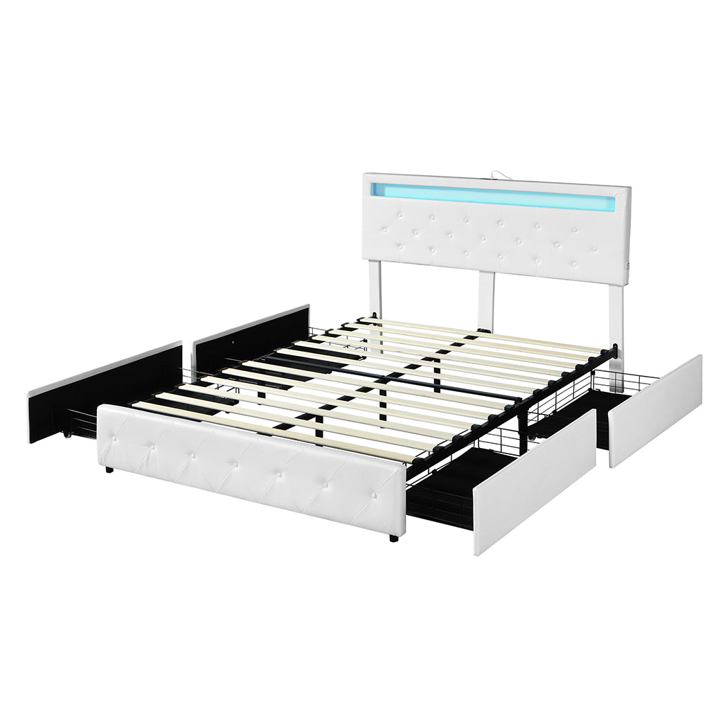 Levede Double Bed Frame RGB LED PU 4 Drawer USB-1954802376502284288