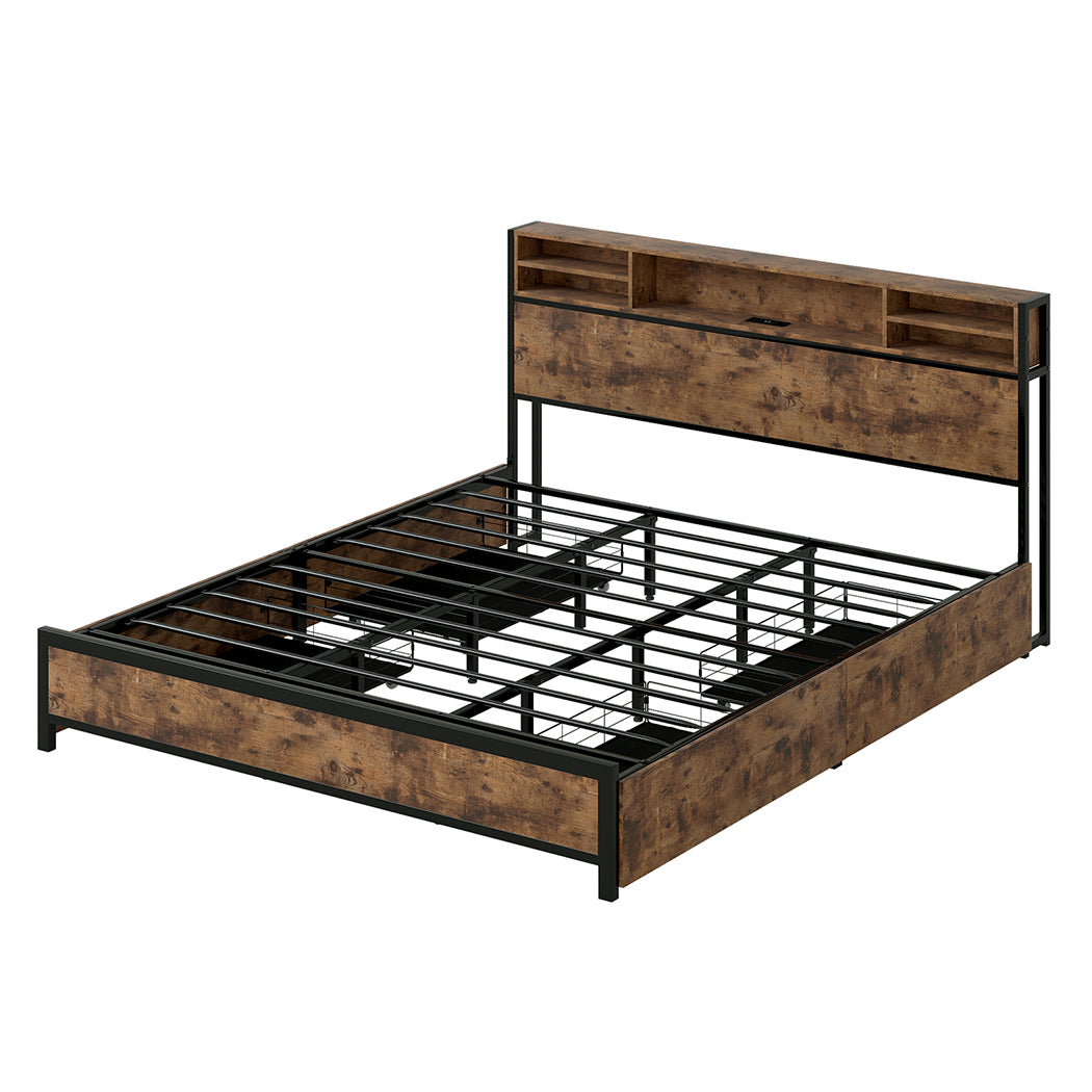 King Package | Knoxford LED Bed Frame with 4 Drawers Brown & Serenity Euro Top Mattress (Medium Firm)