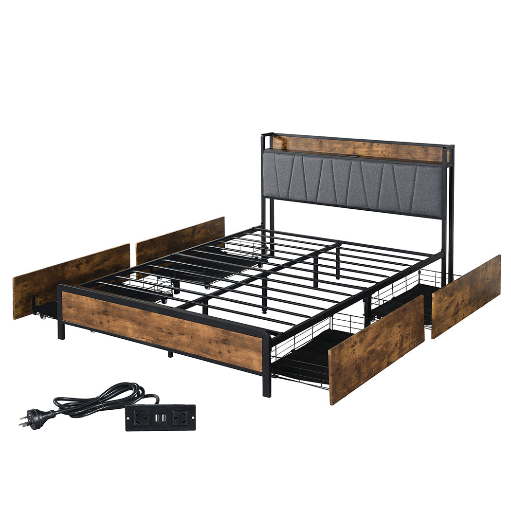 Levede Queen Bed Frame Soft Storage Drawers Headboard USB Charge-1954802934449573888