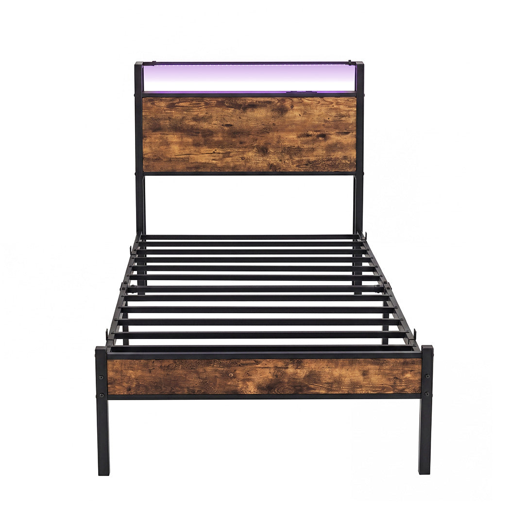Levede Single Bed Frame LED Lights USB Charging Storage Headboard Metal Platform-2100002239765680128