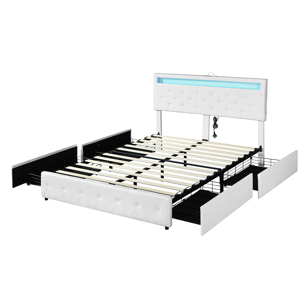 Levede Queen Bed Frame RGB LED PU 4 Drawer USB-1954802932943818752