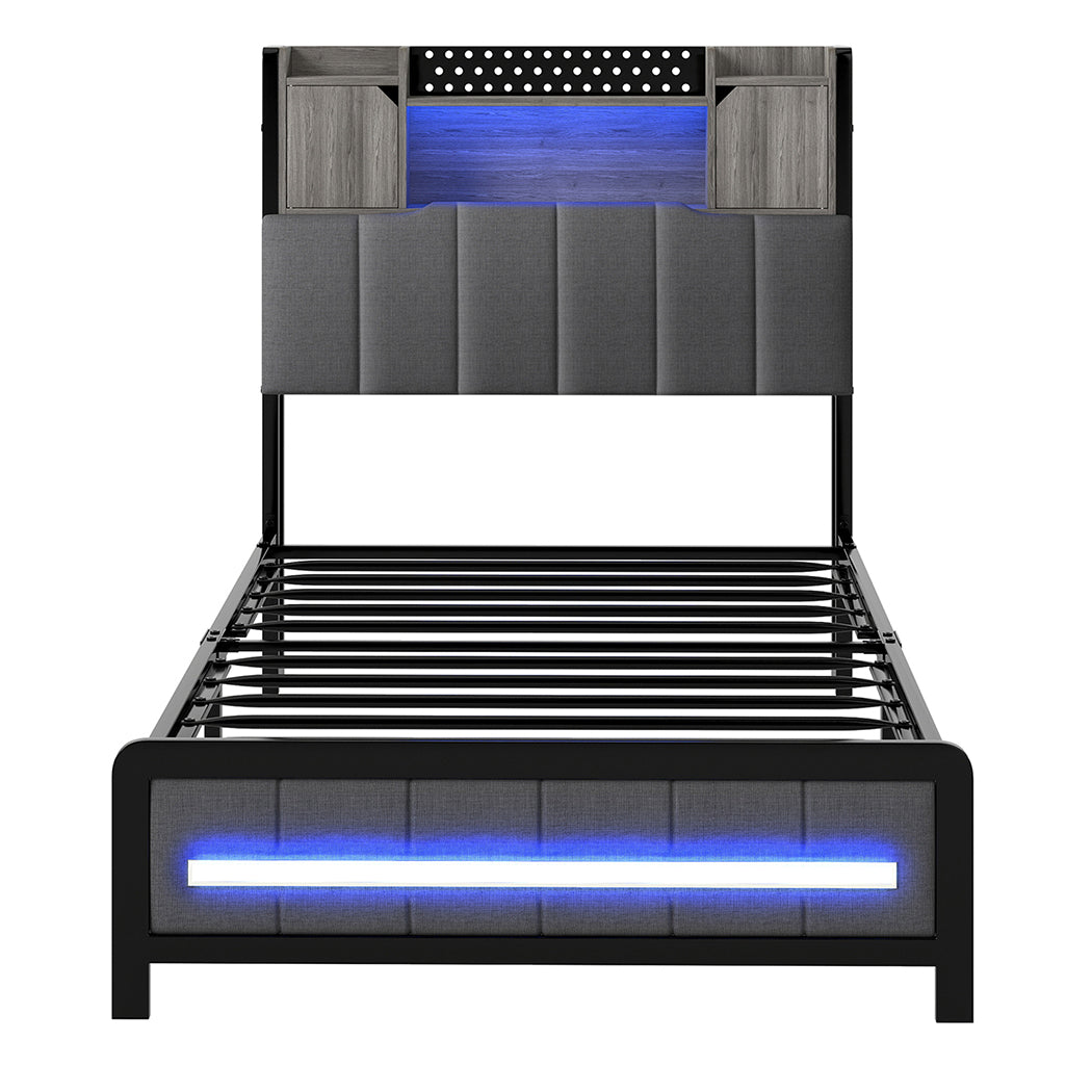 Single Package | Elmore LED Bed Frame Grey & Glay Bonnell Spring Mattress (Medium Firm)