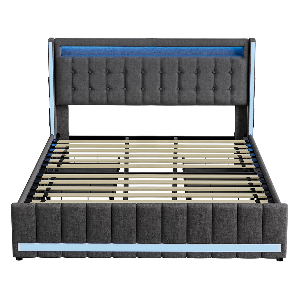 Levede King Bed Frame Fabric Storage Drawer LED USB-1973194180704473089