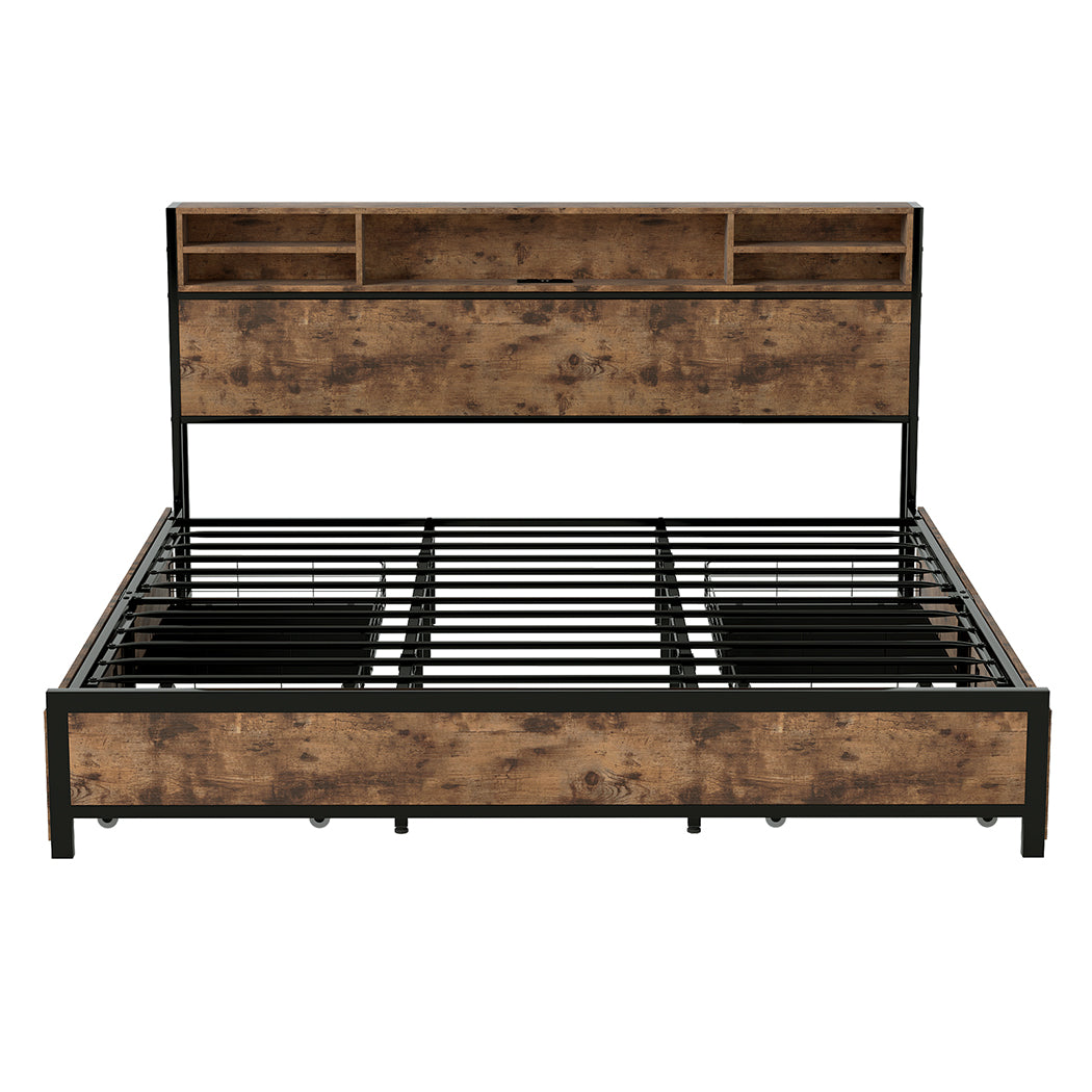 King Package | Knoxford LED Bed Frame with 4 Drawers Brown & Serenity Euro Top Mattress (Medium Firm)
