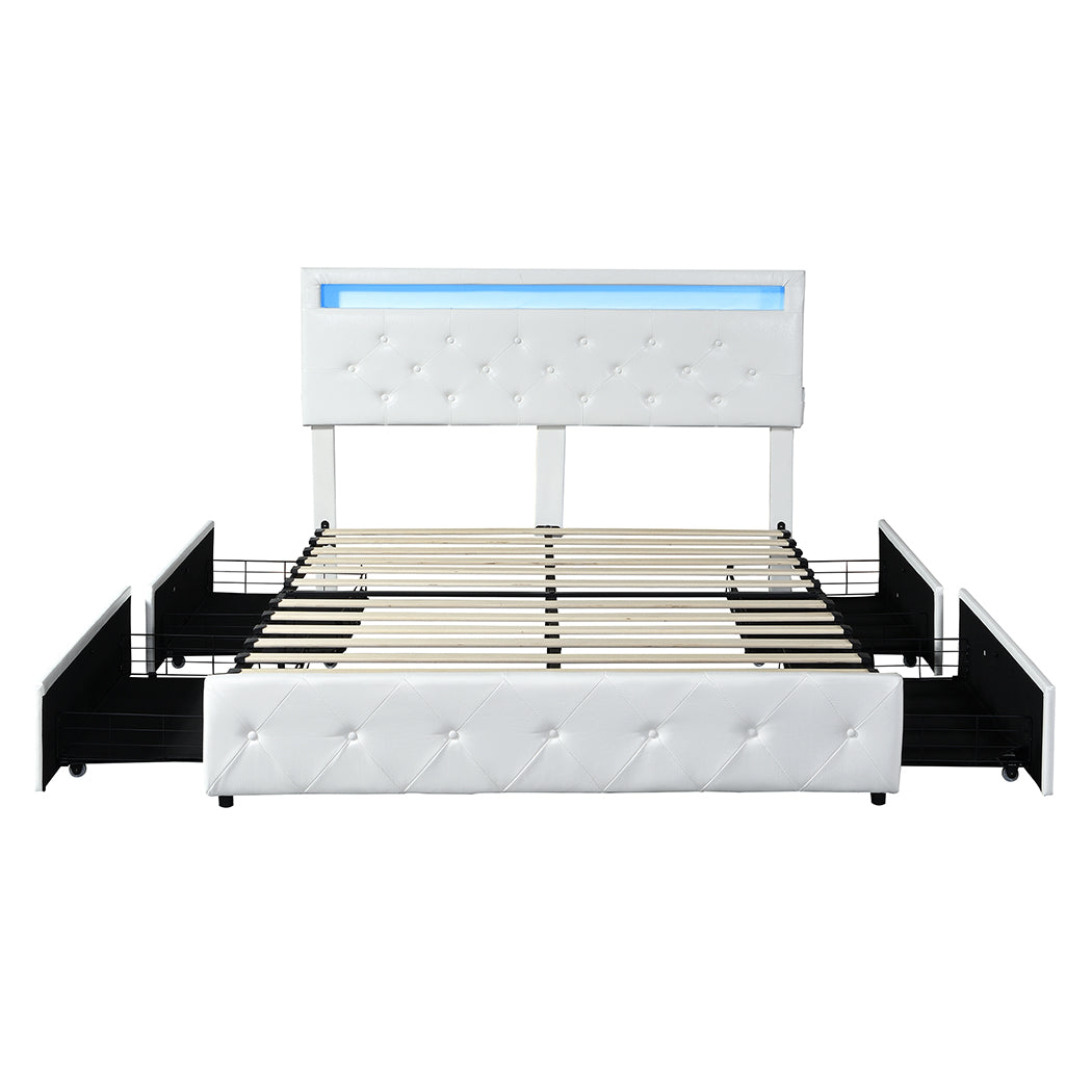 Levede Double Bed Frame RGB LED PU 4 Drawer USB-1954802376502284289