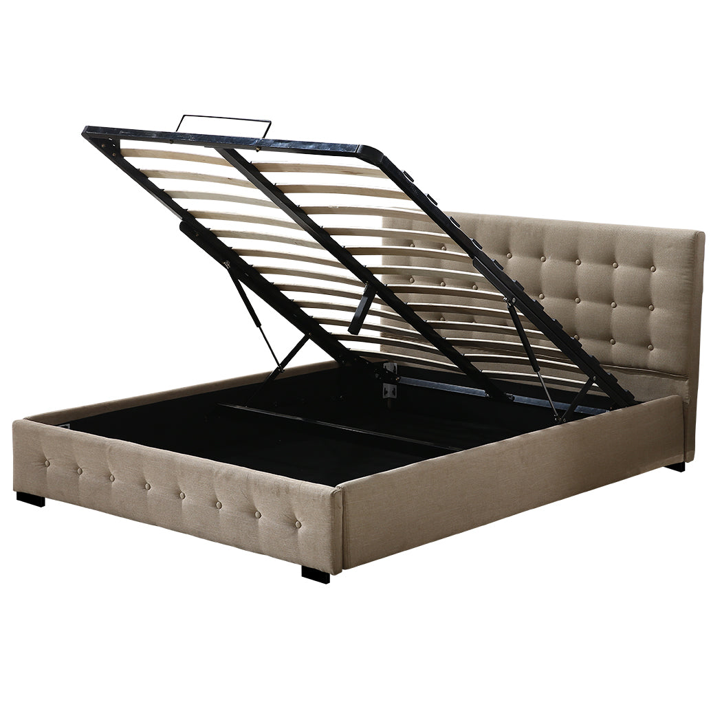 Levede Fabric Bed Frame Double Gas Lift Double Beige-1910113203107532801