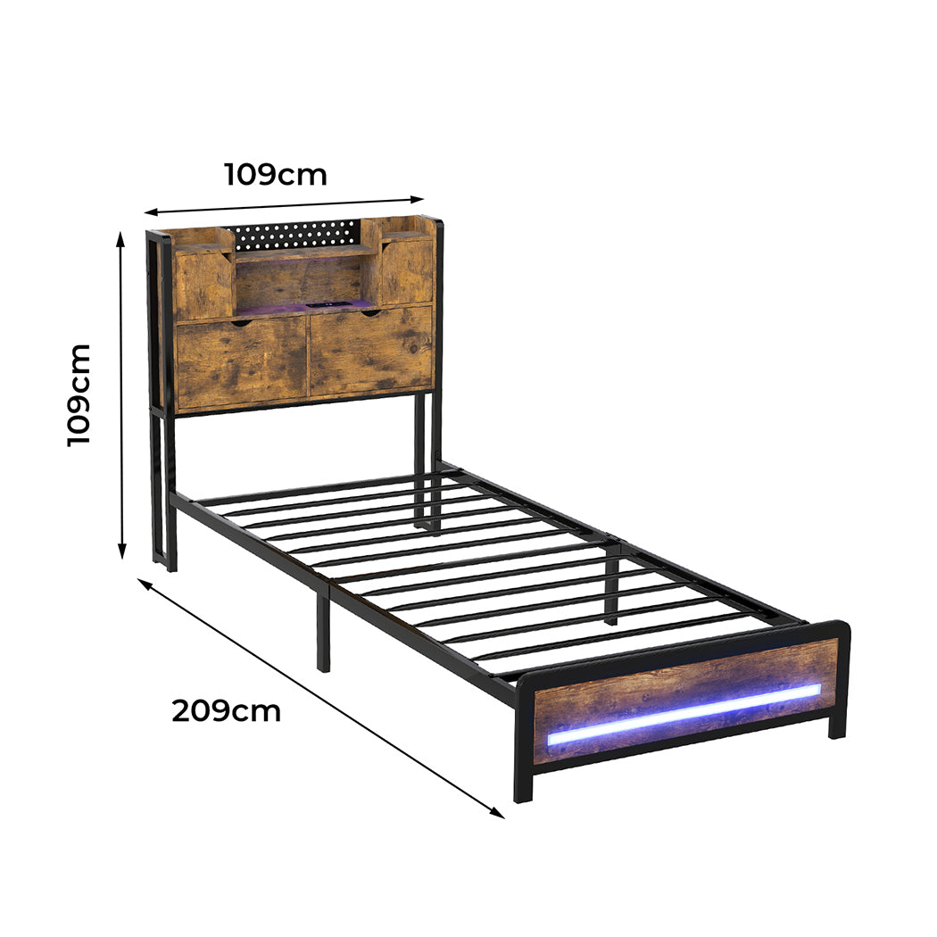 Single Package | Kensley LED Storage Bed Frame Industrial & Glay Bonnell Spring Mattress (Medium Firm)