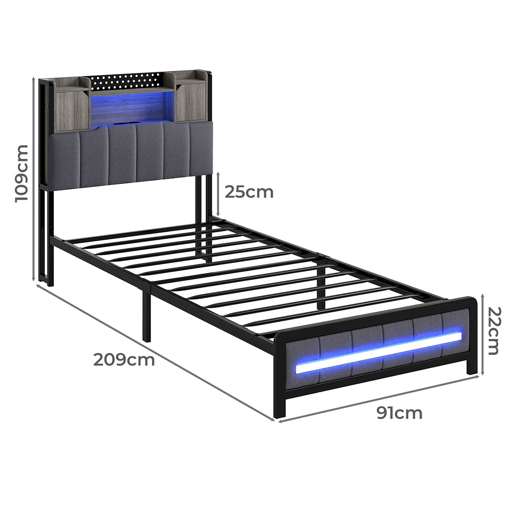 Single Package | Elmore LED Bed Frame Grey & Glay Bonnell Spring Mattress (Medium Firm)