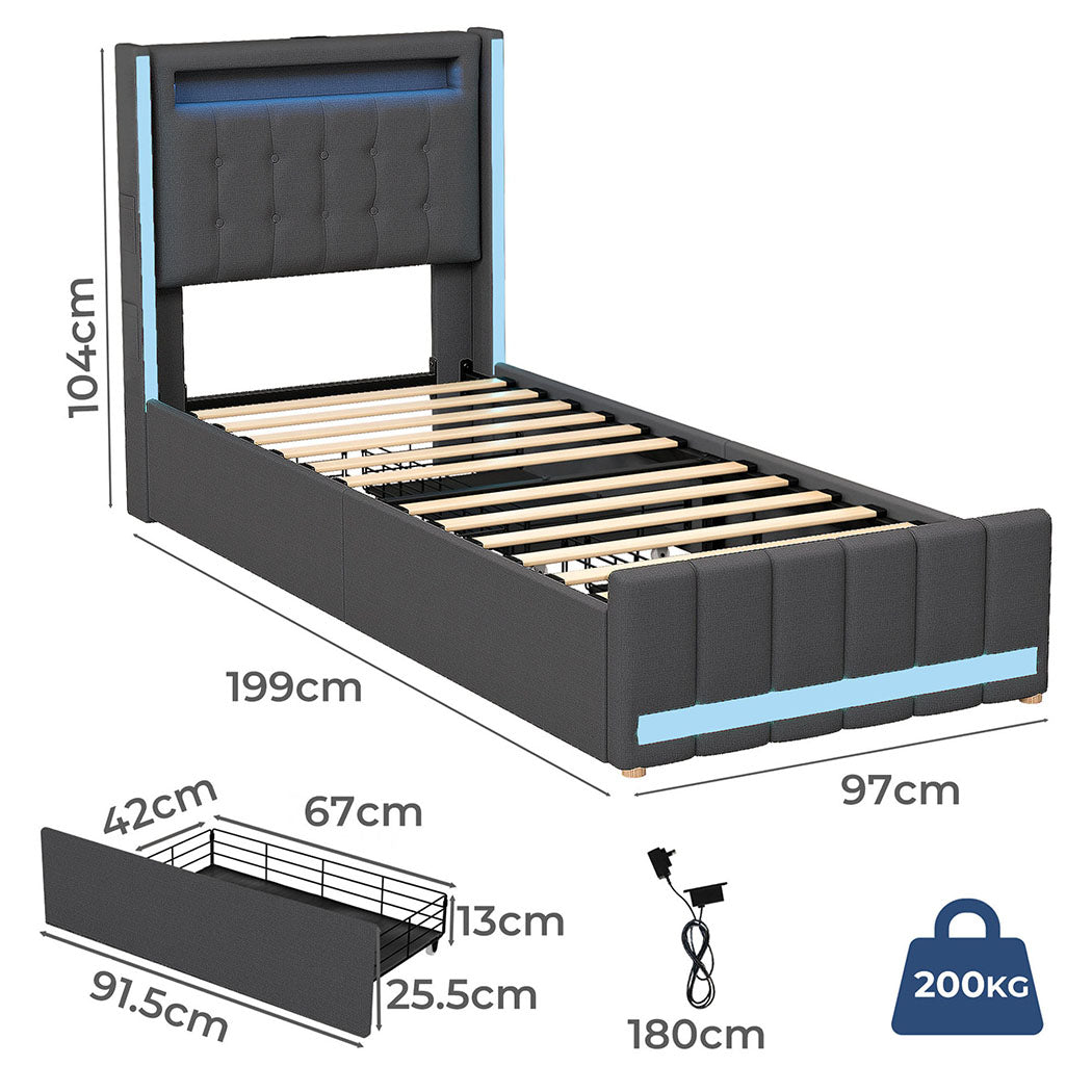 Single Package | Harrison LED Smart Storage Bed Grey & Glay Bonnell Spring Mattress (Medium Firm)