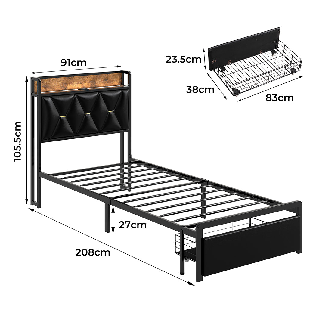 Single Package | Waverton LED Storage Bed Frame Black & Glay Bonnell Spring Mattress (Medium Firm)