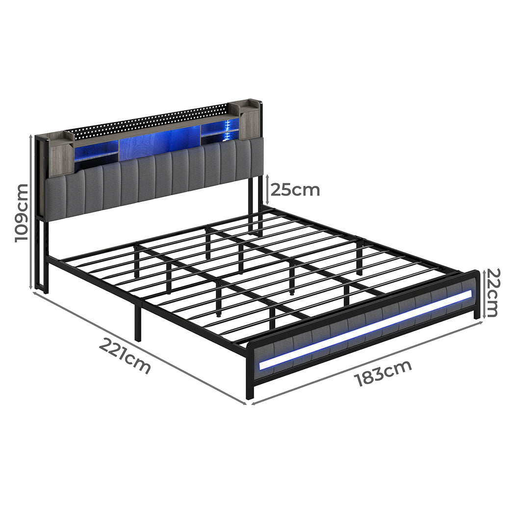 King Package | Elmore LED Bed Frame Grey & Serenity Euro Top Mattress (Medium Firm)