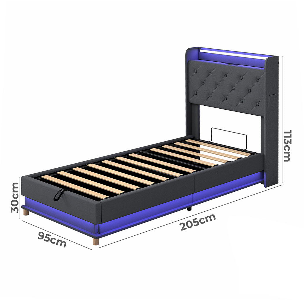 Single Package | Mitchell LED Gas Lift Storage Bed Grey & Glay Bonnell Spring Mattress (Medium Firm)