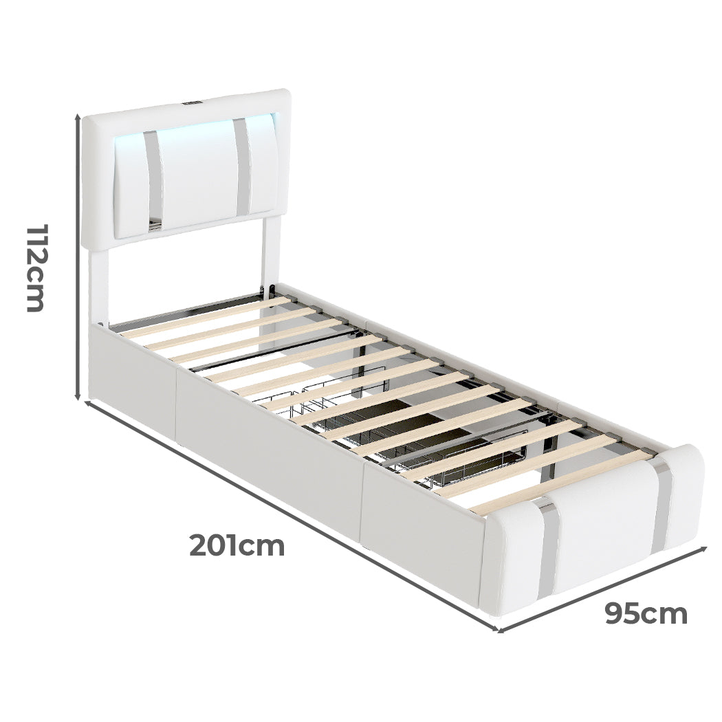Single Package | Brighton LED Storage Bed Frame White & Glay Bonnell Spring Mattress (Medium Firm)