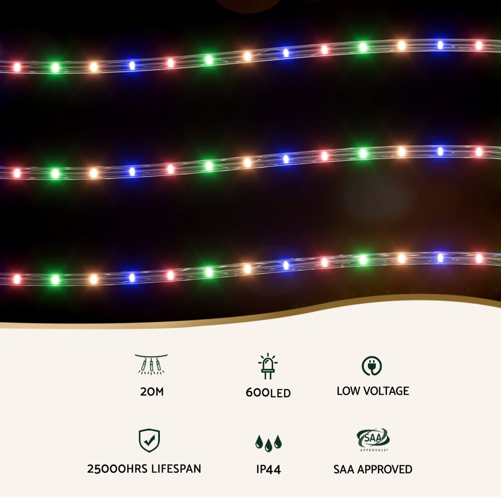 Jingle Jollys 20M Christmas Lights String Rope Light Decoration 600 LED Colorful - Occasions > Christmas > Outdoor Decorations & Lights - Bedzy Australia