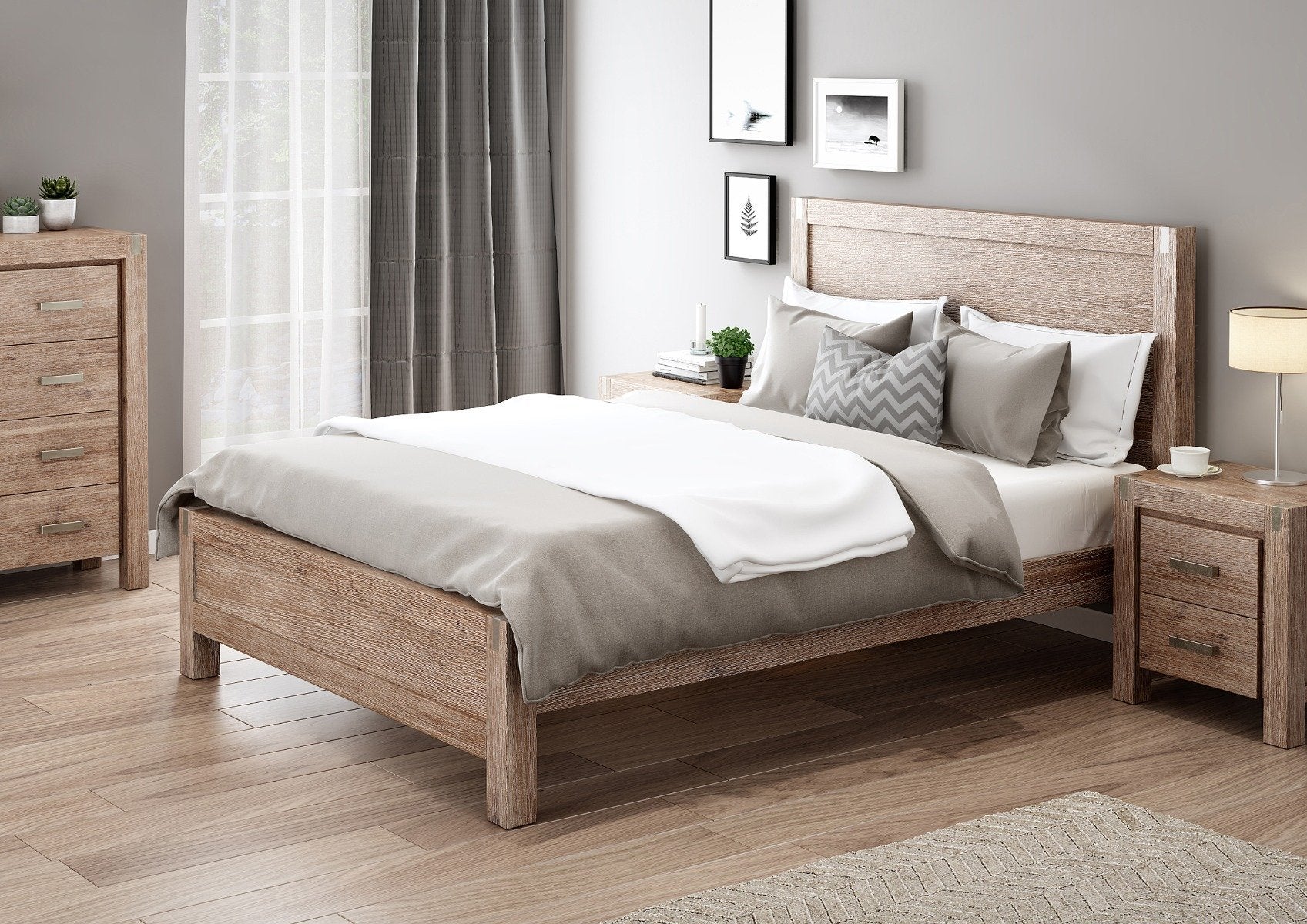 King Package | Nowra King Solid Acacia Wood Bed Frame Oak & Serenity Euro Top Mattress (Medium Firm)