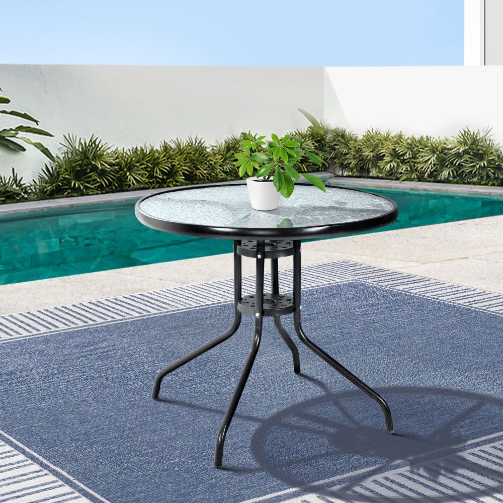 Outdoor Bar Table Glass Cafe Table Steel Side Parasol Hole - Furniture > Outdoor - Bedzy Australia