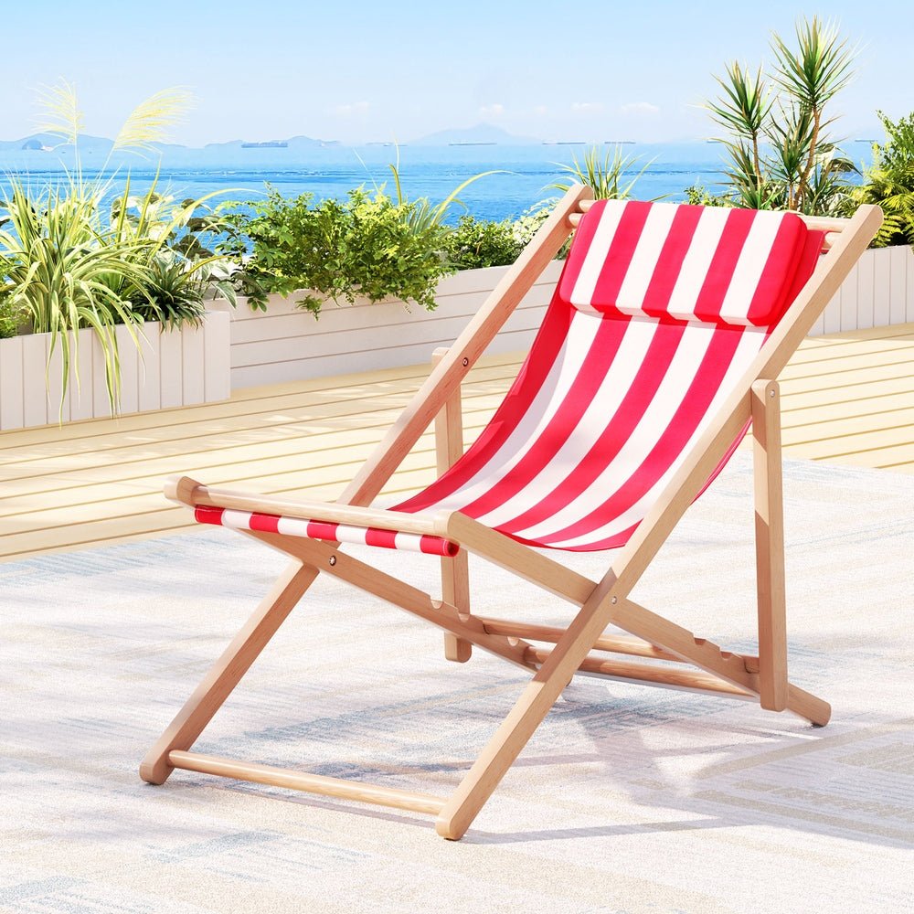 Outdoor Deck Chair Wooden Sun Lounge Folding Beach Patio Furniture Red - Furniture > Outdoor - Bedzy Australia