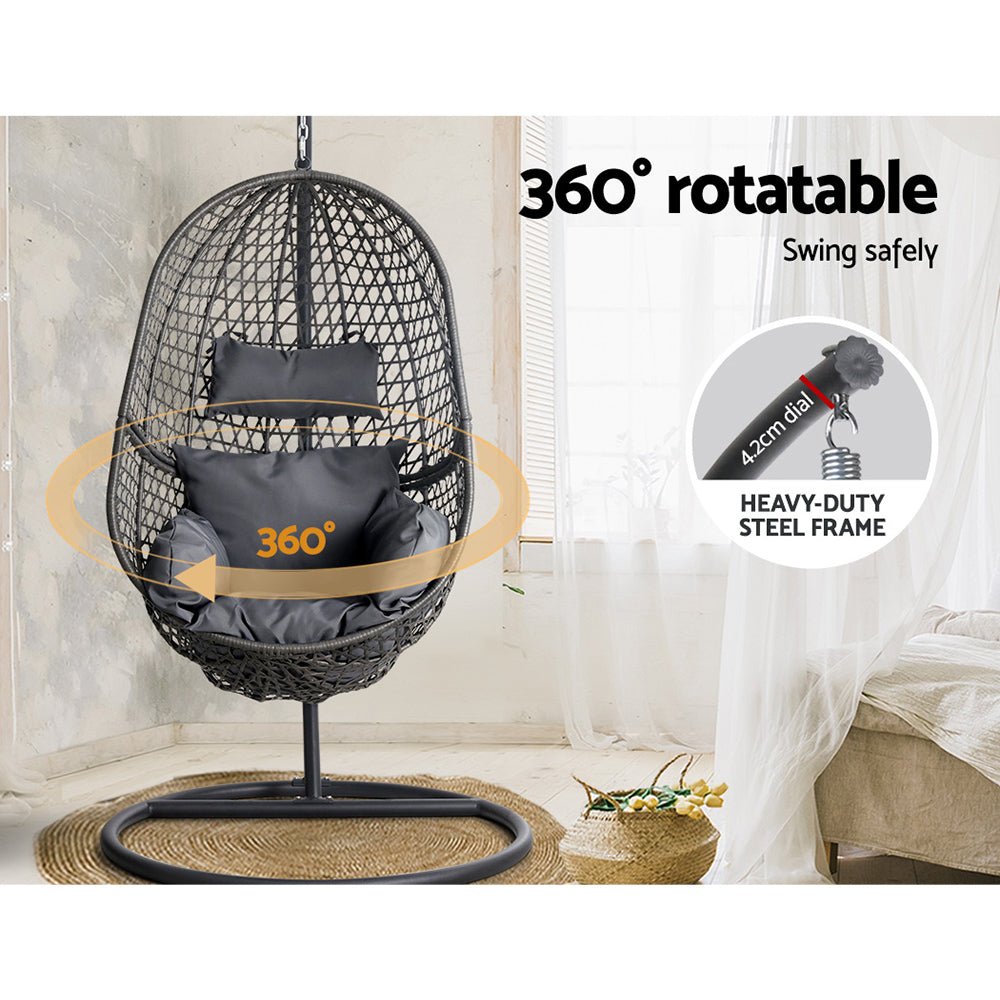 Outdoor Egg Swing Chair Wicker Rattan Furniture Pod Stand Cushion Black - Furniture > Outdoor - Bedzy Australia