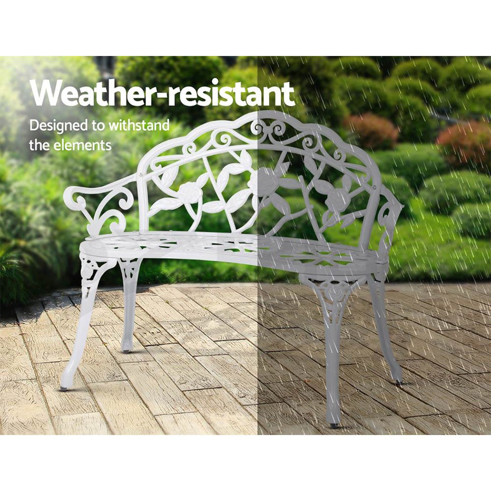 Outdoor Garden Bench Seat 100cm Cast Aluminium Outdoor Patio Chair Vintage White - Furniture > Outdoor - Bedzy Australia