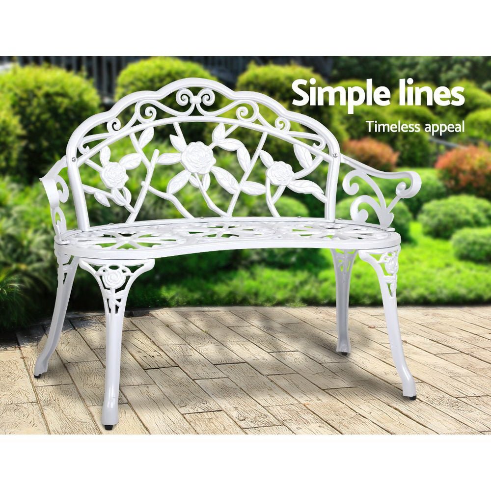 Outdoor Garden Bench Seat 100cm Cast Aluminium Outdoor Patio Chair Vintage White - Furniture > Outdoor - Bedzy Australia