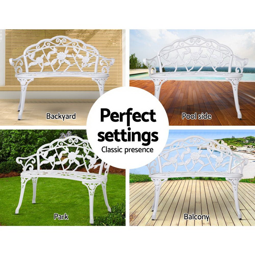 Outdoor Garden Bench Seat 100cm Cast Aluminium Outdoor Patio Chair Vintage White - Furniture > Outdoor - Bedzy Australia