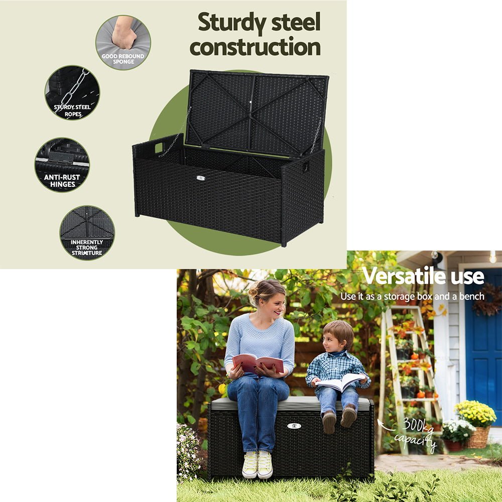 Outdoor Storage Bench Box Wicker Garden Sheds Tools Cushion Patio Furniture Black - Home & Garden > Storage - Bedzy Australia