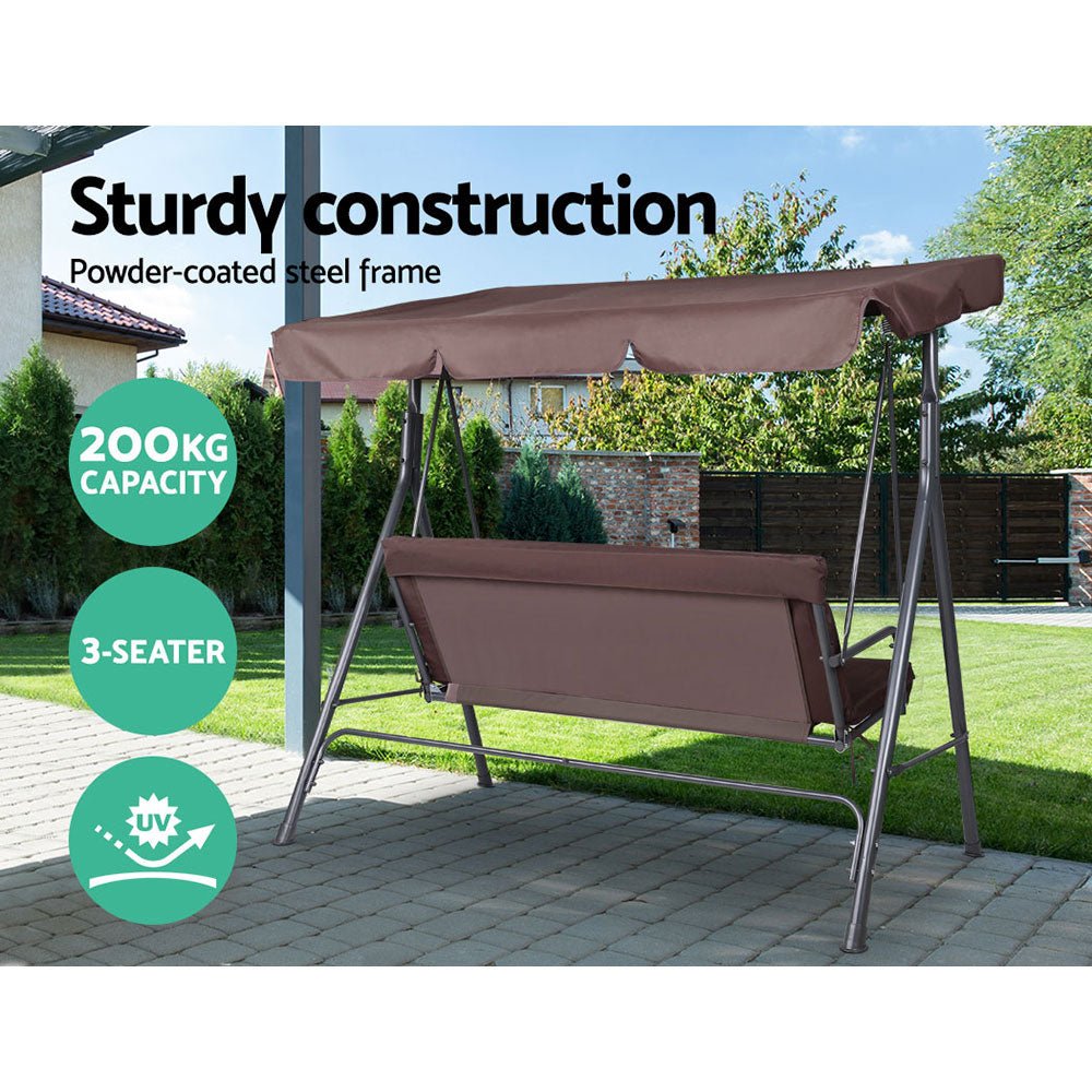 Outdoor Swing Chair Garden Bench Furniture Canopy 3 Seater Brown - Furniture > Outdoor - Bedzy Australia