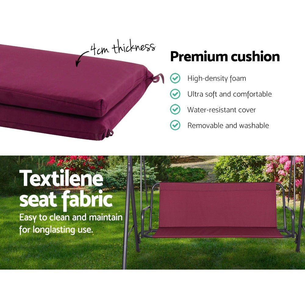 Outdoor Swing Chair Garden Bench Furniture Canopy 3 Seater Wine Red - Furniture > Outdoor - Bedzy Australia