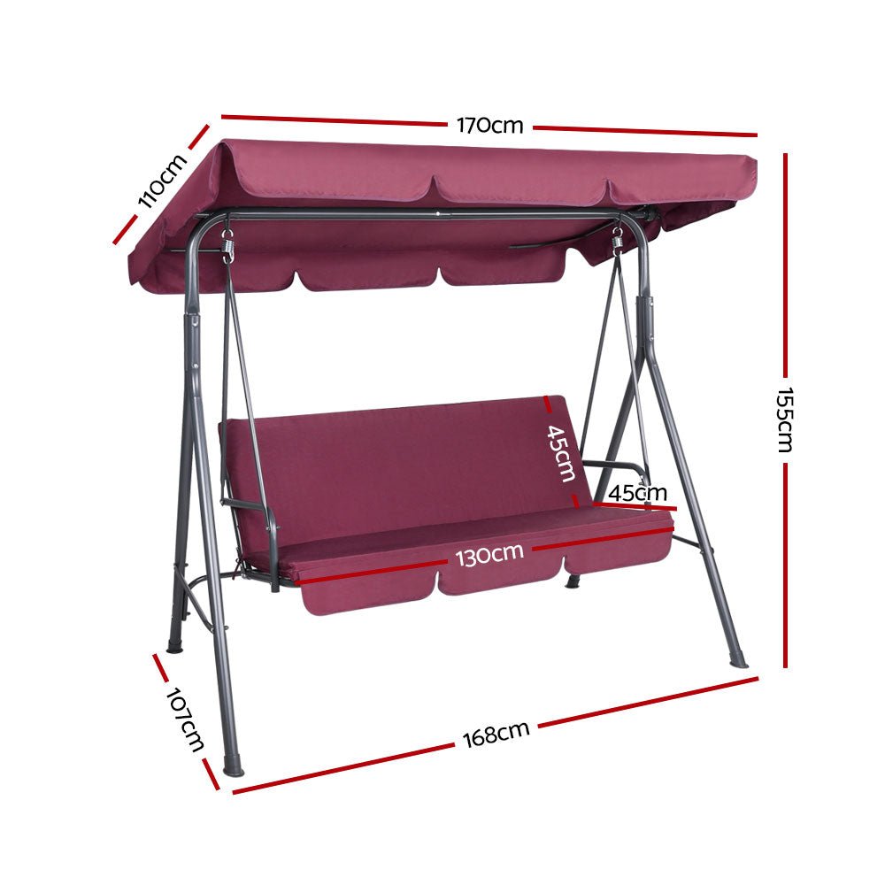 Outdoor Swing Chair Garden Bench Furniture Canopy 3 Seater Wine Red - Furniture > Outdoor - Bedzy Australia