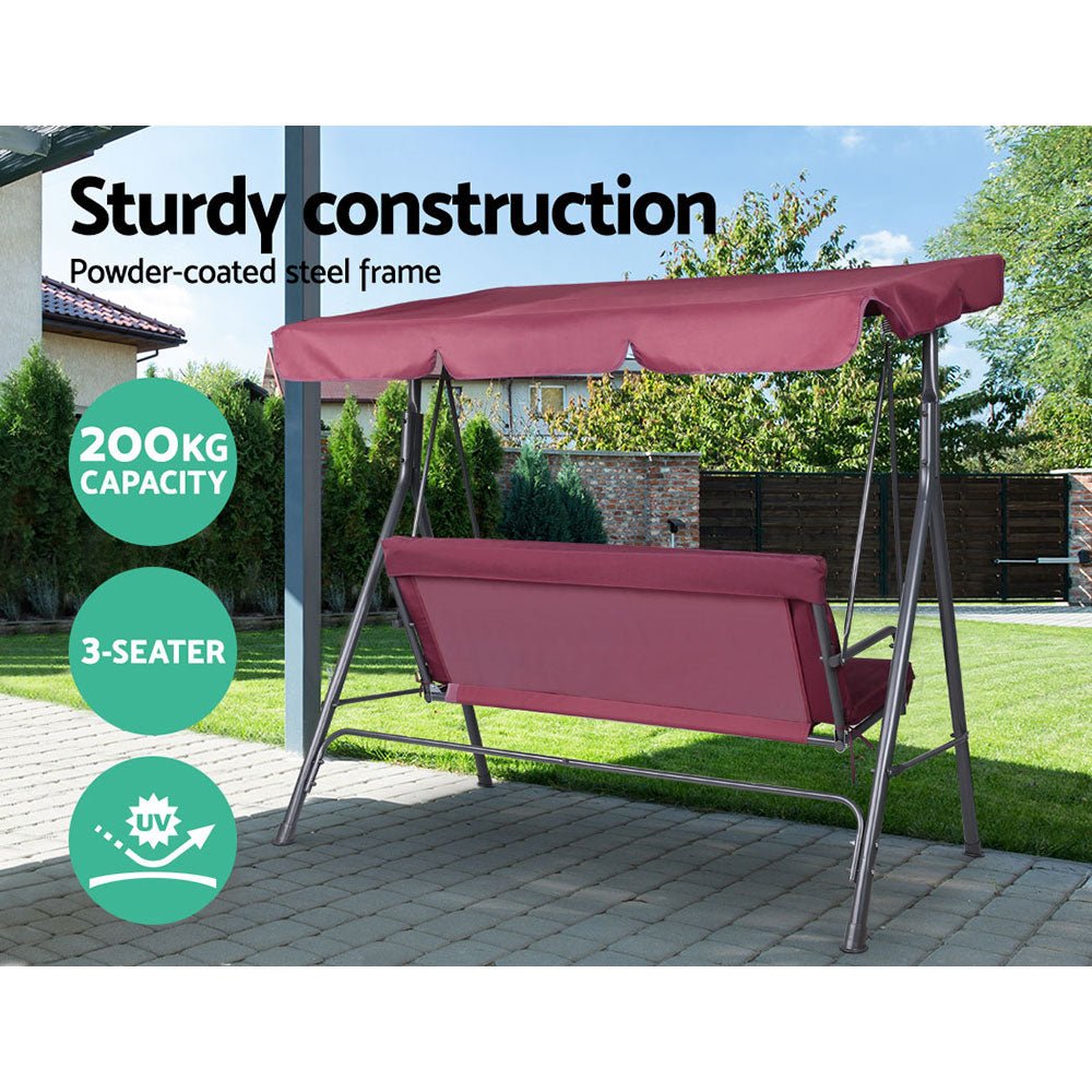 Outdoor Swing Chair Garden Bench Furniture Canopy 3 Seater Wine Red - Furniture > Outdoor - Bedzy Australia