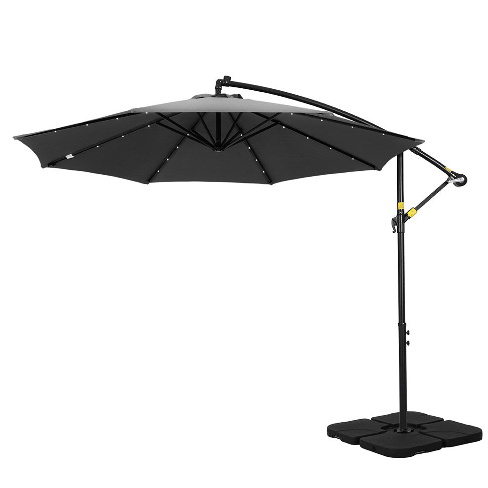 Outdoor Umbrella 3M Cantilever Beach LED Base Garden Sun Patio Charcoal - Home & Garden > Shading > Umbrellas & Sunshades - Bedzy Australia