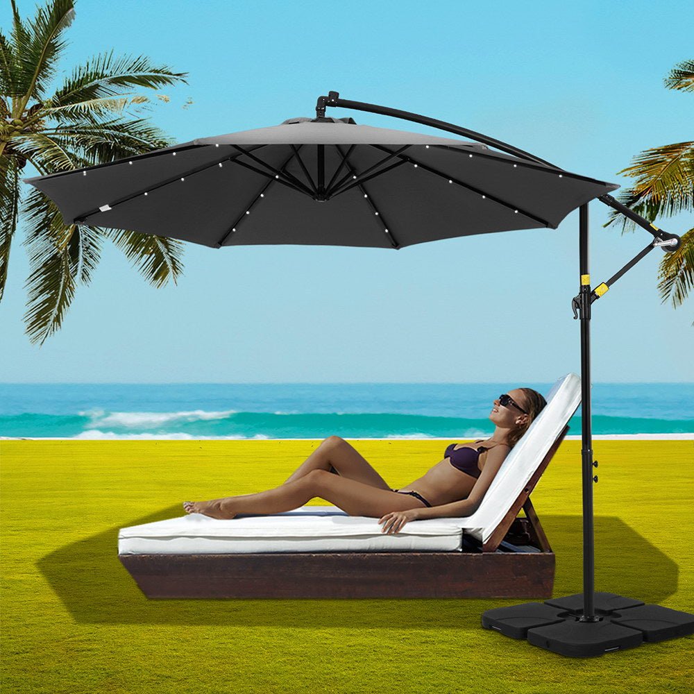 Outdoor Umbrella 3M Cantilever Beach LED Base Garden Sun Patio Charcoal - Home & Garden > Shading > Umbrellas & Sunshades - Bedzy Australia