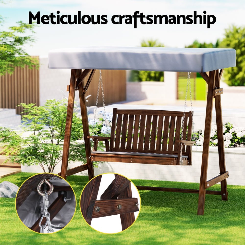 Outdoor Wooden Swing Chair Garden Bench Canopy Cushion 2 Seater Charcoal - Furniture > Outdoor - Bedzy Australia