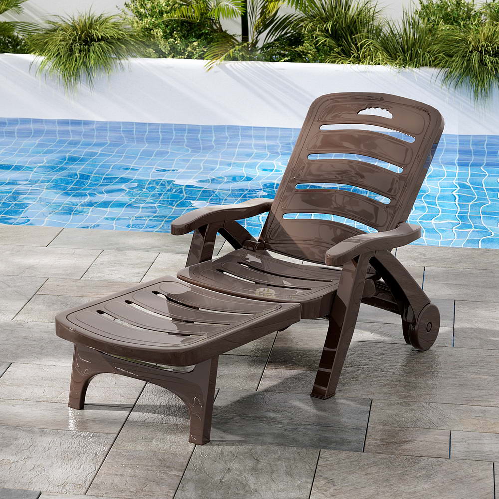 Sun Lounger Folding Lounge Chair Wheels Patio Outdoor Furniture Brown - Furniture > Outdoor - Bedzy Australia