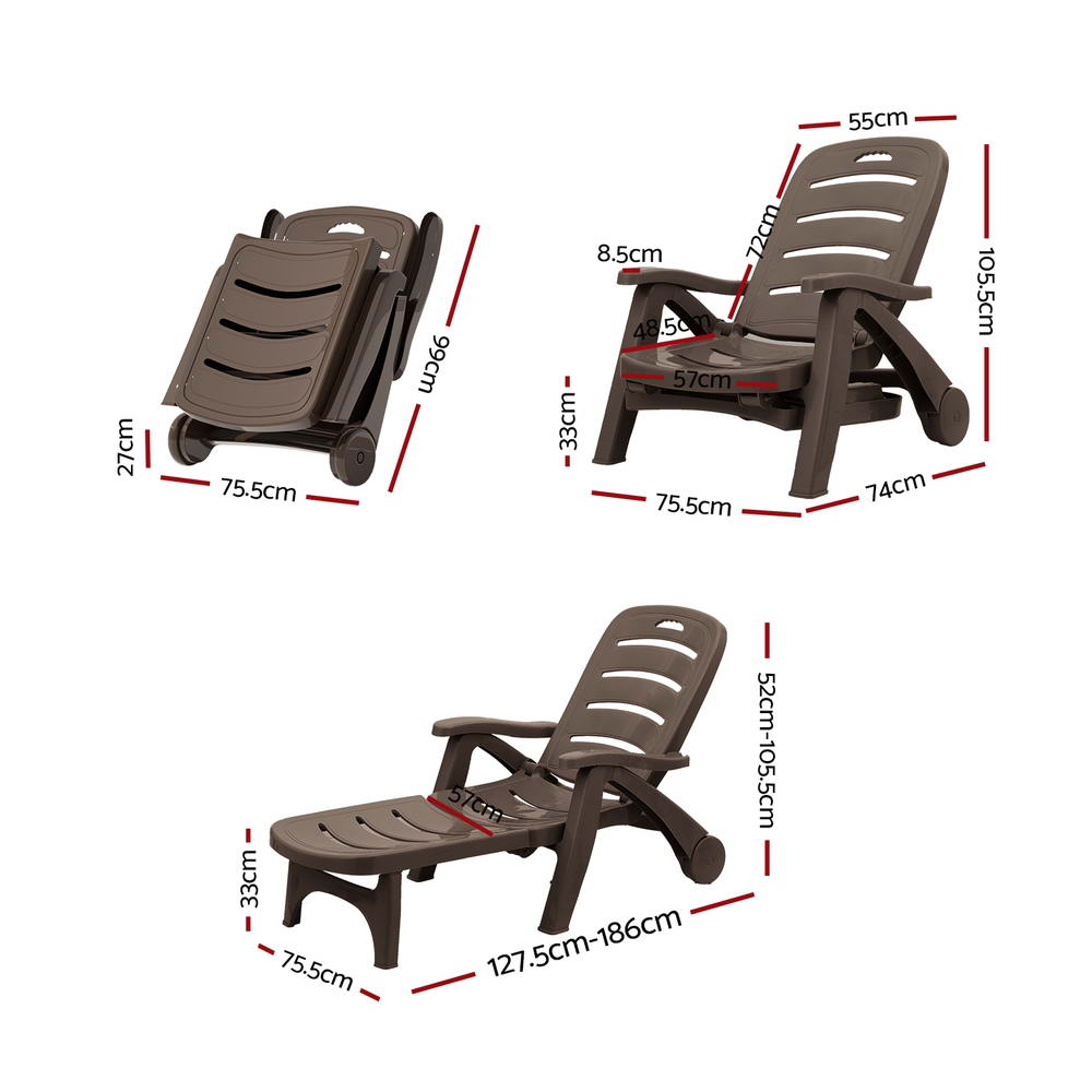 Sun Lounger Folding Lounge Chair Wheels Patio Outdoor Furniture Brown - Furniture > Outdoor - Bedzy Australia