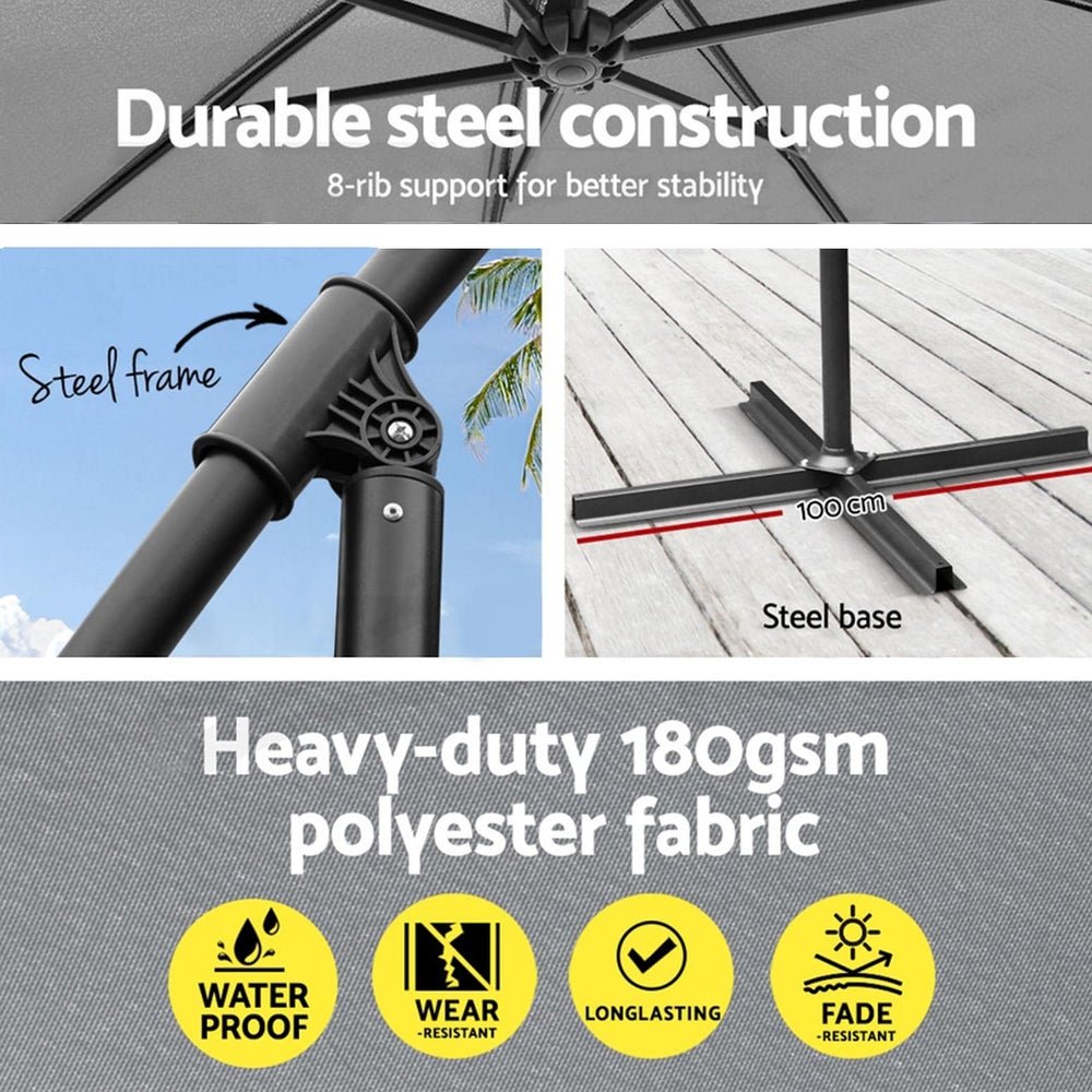 Umbrella Outdoor Umbrellas Cantilever Sun Stand UV Garden Base Grey 3M - Home & Garden > Shading - Bedzy Australia