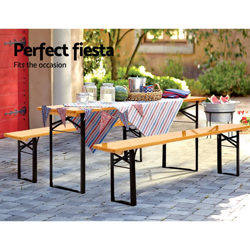 Wooden Outdoor Foldable Bench Set - Natural - Furniture > Outdoor - Bedzy Australia