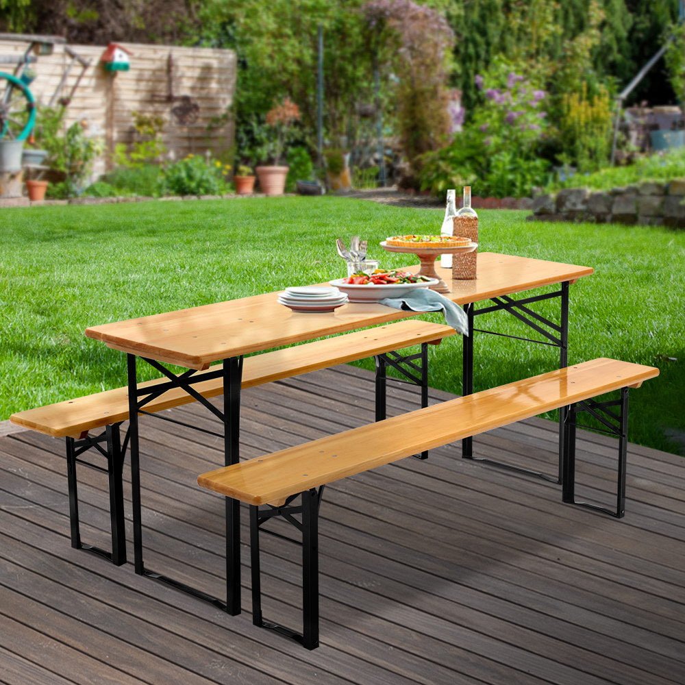 Wooden Outdoor Foldable Bench Set - Natural - Furniture > Outdoor - Bedzy Australia