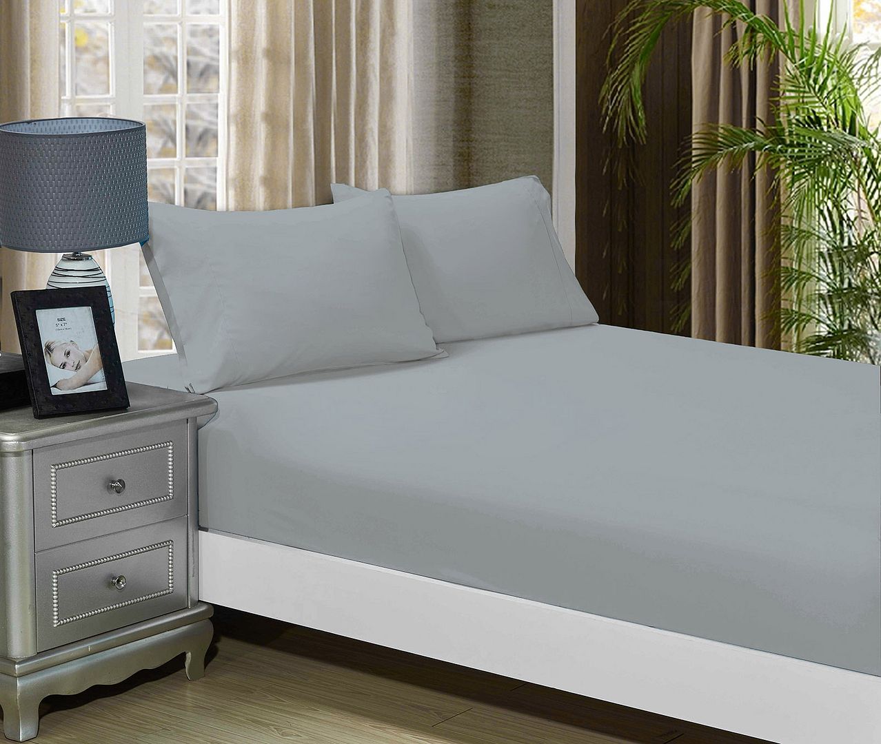 1000TC Ultra Soft Fitted Sheet & 2 Pillowcases Set - Queen Size Bed - Silver - Home & Garden > Bedding - Bedzy Australia