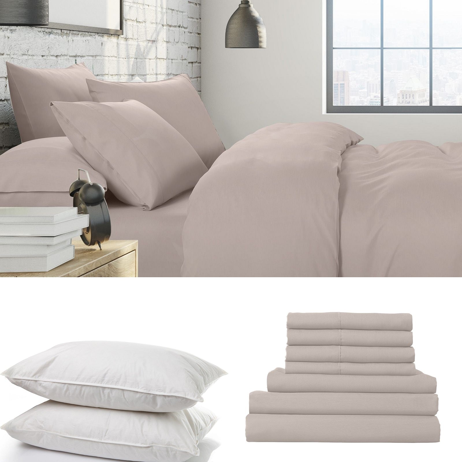 1500 Thread Count 6 Piece Combo And 2 Pack Duck Feather Down Pillows Bedding Set - Queen - Stone - Home & Garden > Bedding - Bedzy Australia