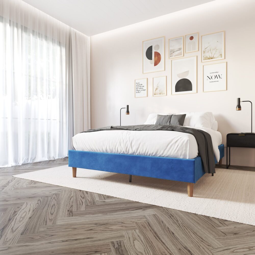 Alexandra Queen Bed Base Velvet Blue - Furniture > Bedroom - Bedzy Australia