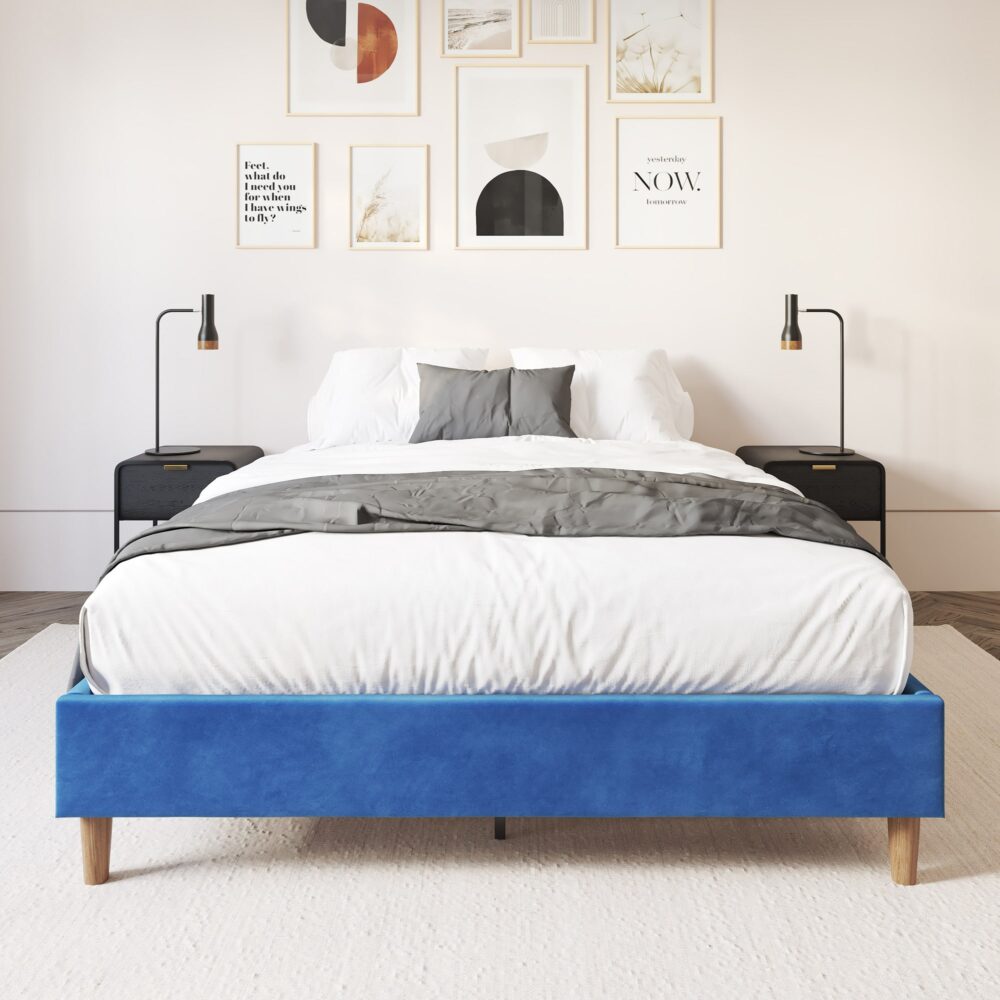 Alexandra Single Bed Base Velvet Blue - Furniture > Bedroom - Bedzy Australia