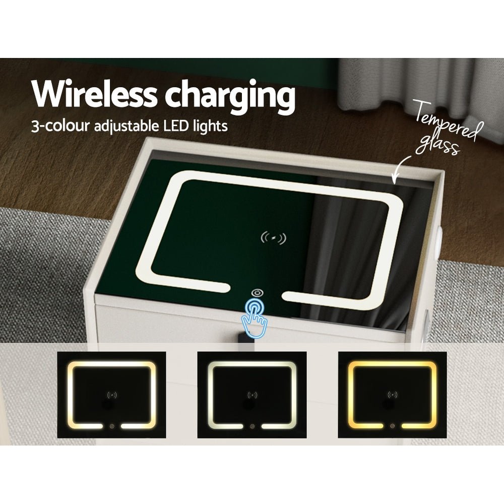 Smart Bedside Table 2 Drawers with Wireless Charging Ports LED Lights - Furniture > Bedroom - Bedzy Australia